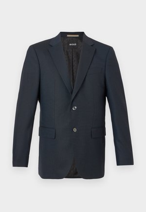 Marinblauwe blazer van textuurstof, met een knoopsluiting van twee knopen, notch revers en twee voorzakken met een subtiel interieurpatroon.