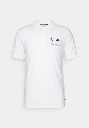 Bijela polo majica od pamuka, s ovratnikom, dva gumba i izvezenim BMW Motorsport logotipima u plavoj, crvenoj i crnoj boji.
