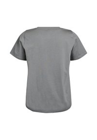 T-shirt grigio a maniche corte con collo rotondo, caratterizzato da una texture liscia e un orlo arrotondato, mostrato dal retro.