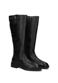 Black knee-high leather boots with a side zipper, low heel, round toe, and adjustable buckle strap near the top.