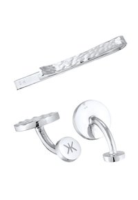 Clip per cravatta e gemelli in metallo tonalità argento, con una texture martellata e forme rotonde, con dettagli incisi sui gemelli, marchiati 925.