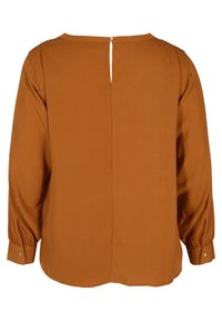Blusa a maniche lunghe in tessuto arancio ruggine. Presenta un colletto rotondo, una piccola apertura sul retro e polsini con bottoni. Texture liscia, vestibilità comoda.