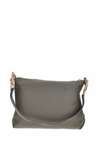 Clutch in pelle verde oliva con finitura testurizzata, hardware color oro, chiusura con zip e manico removibile.