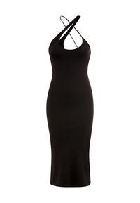 Schwarzes Midikleid aus einem dehnbaren Stoff. Es hat einen runden Ausschnitt und überkreuzte Schulterträger, eine figurbetonte Silhouette und eine glatte Textur.