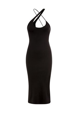 Robes midi noires en tissu extensible. Dotée d'un décolleté rond et de bretelles croisées, silhouette ajustée et texture lisse.