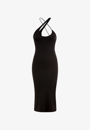 Robes midi noires en tissu extensible. Dotée d'un décolleté rond et de bretelles croisées, silhouette ajustée et texture lisse.