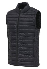 Zwarte gewatteerde vest met een hoge kraag, ritssluiting aan de voorkant en twee zijzakken. Voorzien van een horizontaal gestikt patroon en mouwloos ontwerp.