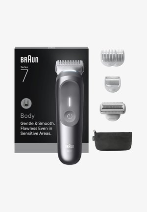Braun Series 7 Körperrasierer mit Ein-/Ausschalter, drei abnehmbaren Trimmaufsätzen und schwarzer Reisetasche, speziell für empfindliche Bereiche entwickelt.
