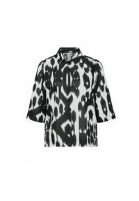 Short-sleeve shirt in a black and white animal print pattern, featuring a collared neckline and button closure on the front.