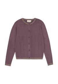 Langärmlige Strickjacke in sanftem Lila, mit rundem Halsausschnitt, Knopfleiste und strukturierten vertikalen Linien. Abgerundet mit einem kontrastierenden, gerippten Saum.