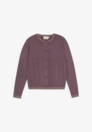 Langärmlige Strickjacke in sanftem Lila, mit rundem Halsausschnitt, Knopfleiste und strukturierten vertikalen Linien. Abgerundet mit einem kontrastierenden, gerippten Saum.