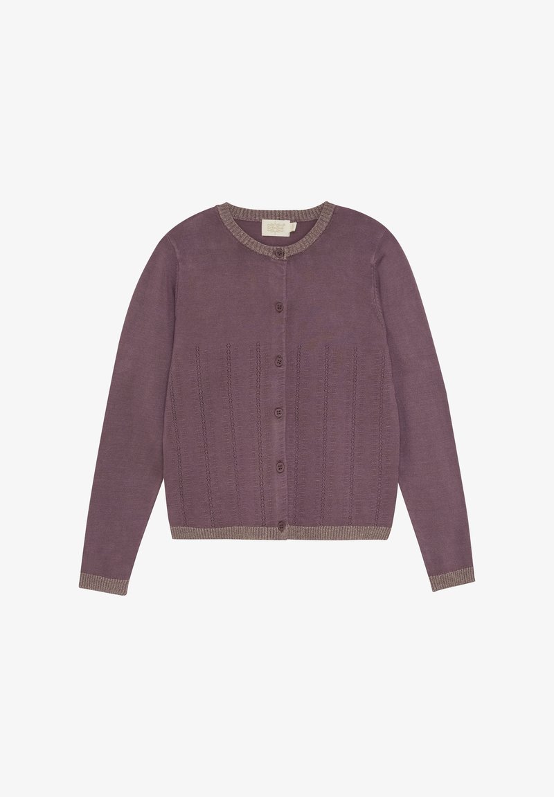 Langsleeve cardigan in gedempt paars, met een ronde halslijn, knopenlijst en gestructureerde verticale lijnen. Versterkt met een contrastkleurige geribde zoom.
