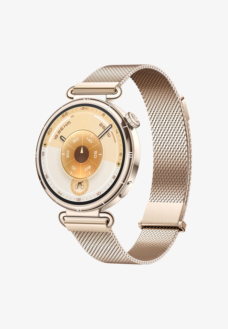 Gold-tone watch with a circular face, mesh strap, and gradient yellow dial. Features hour markers, a central dial, and silver accents.