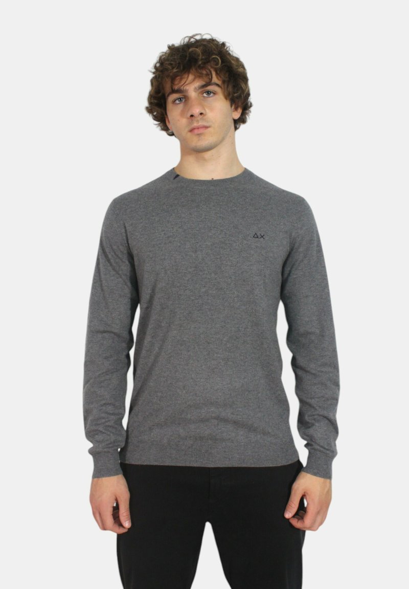Pullover grigio a maniche lunghe realizzato in tessuto morbido, con scollatura rotonda e un logo discreto sul petto.