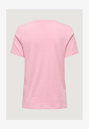 Maglietta semplice in cotone, a maniche corte e colore rosa chiaro, vista da dietro con scollatura a girocollo su sfondo neutro.