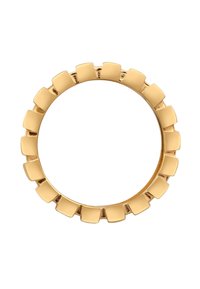 Gouden ring met een geometrisch ontwerp met afwisselend stevige en platte segmenten. Gladde oppervlakte met een gepolijste afwerking, ronde vorm.