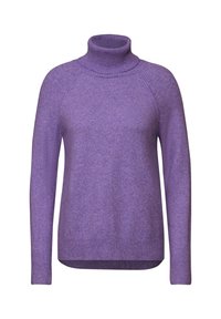 Lila Rollkragenpullover aus weichem Strickstoff. Verfügt über Raglanärmel sowie gerippte Bündchen und Saum. Schlichte, strukturierte Silhouette.
