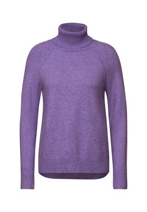 Pull encolure roulée violet en tissu tricoté doux. Présente des manches raglan ainsi que des poignets et un ourlet côtelés. Silhouette simple et structurée.