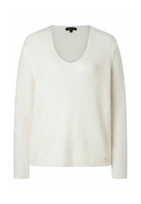 Weißer Strickpullover mit tiefem V-Ausschnitt, langen Ärmeln und einem strukturierten diagonalen Muster. Weicher, leichter Stoff mit lässiger Passform.