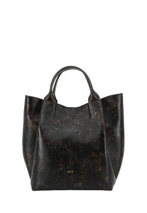 Black textured leather tote bag with two handles and small gold brand logo on front center.