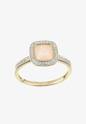 Goldring mit einem quadratischen rosa Stein in der Mitte, umgeben von einem Halo aus kleinen klaren Steinen entlang des Bandes für zusätzliche Details.