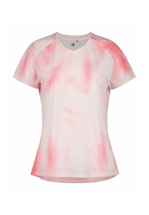 Kurzärmeliges pinkes Sportshirt mit V-Ausschnitt, das ein dezentes wellenförmiges Muster und einen leicht geschwungenen Saum für eine entspannte Passform aufweist.