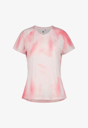 Kurzärmeliges pinkes Sportshirt mit V-Ausschnitt, das ein dezentes wellenförmiges Muster und einen leicht geschwungenen Saum für eine entspannte Passform aufweist.