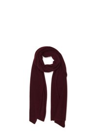 Bufanda burdeos hecha de tela suave, con una forma larga y rectangular, sin patrones ni accesorios, elegantemente dispuesta en un estilo en bucle.