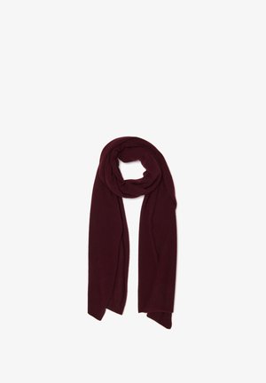 Sciarpa bordeaux realizzata in tessuto morbido, con una forma lunga e rettangolare, priva di motivi o accessori, elegantemente appoggiata in uno stile aloop.