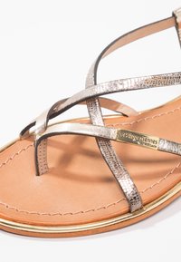 Sandale métallique à lanières avec un design élégant, semelle intérieure en cuir tan, accents dorés et une semelle plate avec des détails surpiqués.