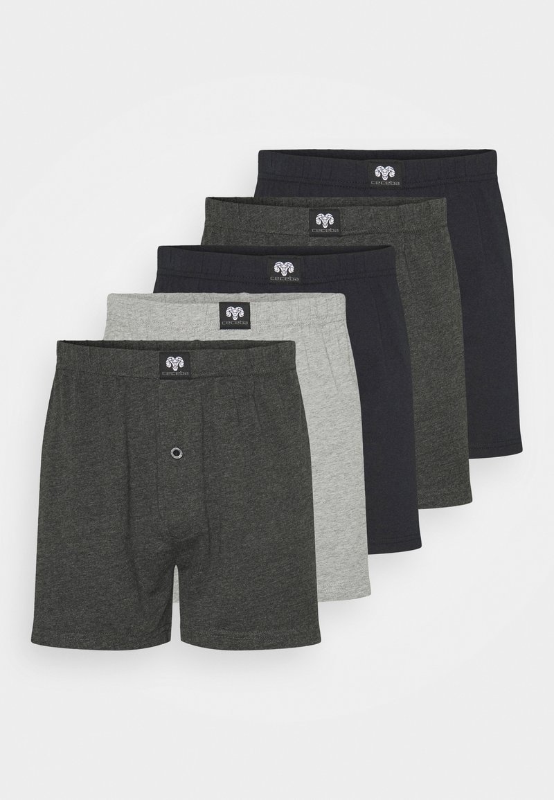 Verpakking van vijf boxers in verschillende tinten grijs en zwart. Gemaakt van een zacht materiaal met een elastische tailleband en een logo label, met een knoopsluiting.