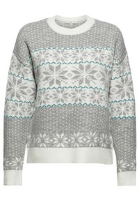 Grauer und weißer Strickpullover mit Schneeflockenmuster und türkisfarbenen Zickzackakzenten, gerippten Bündchen und Saum.