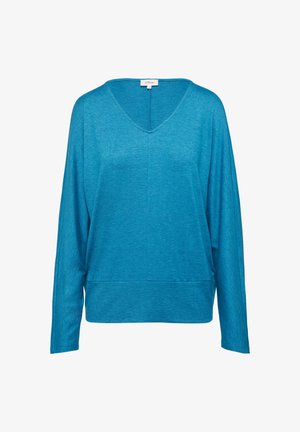 Türkises Langarmshirt mit V-Ausschnitt, lockerer Passform und strukturiertem Stoff. Verfügt über überschnittene Schultern und einen geraden Saum.