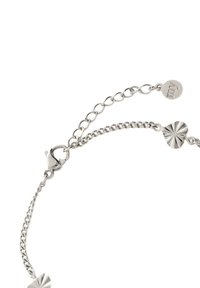 Silver chain bracelet features a lobster clasp, adjustable length, textured circular accents, and a small tag with "any" engraved.
