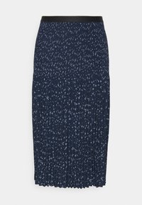 Námořnická plisovaná sukně s černým pasem, zdobená květinovým vzorem v světle modrých tónech. Měkká vrstva látky a sukně střední délky.