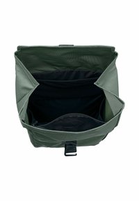 Green fabric crossbody bag with folded top, black lining, multiple compartments, and adjustable closure. Textured exterior with sleek design.