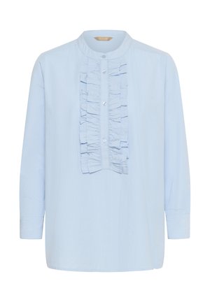 Világoskék, hosszú ujjú blúz lekerekített gallérral, függőleges fodros patentos pánttal és elöl gombokkal. Puha anyag, finom textúrával.