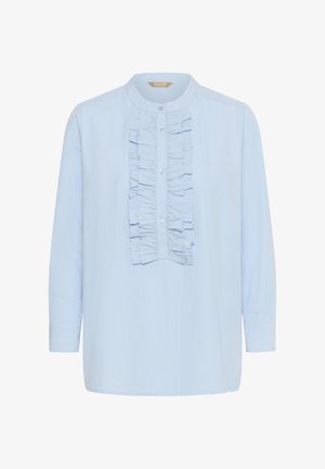 Jasnoniebieska bluzka z długim rękawem, z zaokrąglonym kołnierzykiem, ozdobiona pionową plisowaną listwą z guzikami z przodu. Miękki materiał o delikatnej fakturze.