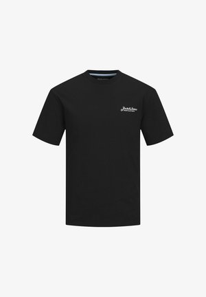 Camiseta de algodón negra con cuello redondo, mangas cortas y un pequeño logo blanco en el pecho. Diseño simple y sólido, sin patrones.