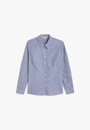 Button-up shirt featuring vertical blue and white stripes, long sleeves, a pointed collar, and a straight hem. Made of cotton blend fabric.