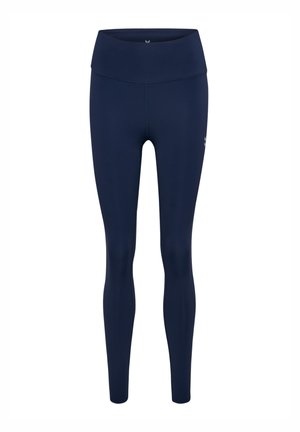 Marinblå leggings gjorda av sträckbart tyg, med en bred elastisk midja och en åtsittande design för flexibilitet och komfort.