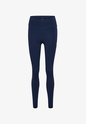 Marineblå leggings lavet af strækbart stof, med en bred elastisk talje og et tætsiddende design for fleksibilitet og komfort.