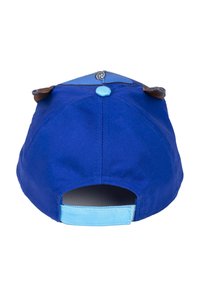 Gorra azul con una corona redondeada, un acento azul claro en el visera y un cierre snapback. La tela es suave con un acabado mate.