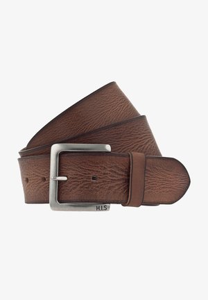 Brauner Leder Gürtel mit strukturierter Oberfläche, ausgestattet mit einer silbernen Metallschnalle. Der Gürtel hat gleichmäßig verteilte Löcher und ein klassisches Design.