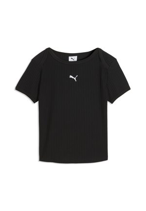 Schwarzes, geripptes Puma-T-Shirt mit kurzen Ärmeln, rundem Ausschnitt und weißem Puma-Logo mittig auf der Brust.