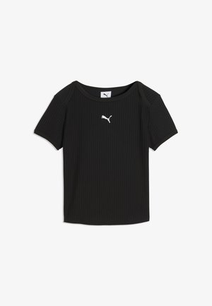Czarny prążkowany krótki rękaw t-shirt Puma z okrągłym dekoltem i białym logo Puma na środku klatki piersiowej.