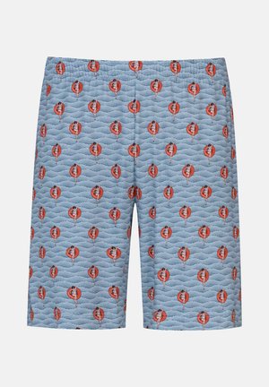 Gesteppte Shorts aus hellblauem Stoff mit Wellenmuster, versehen mit einem wiederholten Motiv von Figuren in roten Rettungsringen. Elastischer Bund.