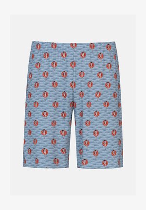 Gesteppte Shorts aus hellblauem Stoff mit Wellenmuster, versehen mit einem wiederholten Motiv von Figuren in roten Rettungsringen. Elastischer Bund.