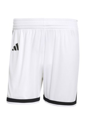 Shorts de sport blancs avec une bordure noire à l'ourlet et un logo Adidas noir sur la cuisse gauche, dotés d'une taille élastique.