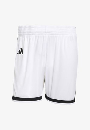 Witte sportshorts met zwarte rand aan de zoom en een zwart Adidas-logo op de linker dij, voorzien van een elastische tailleband.